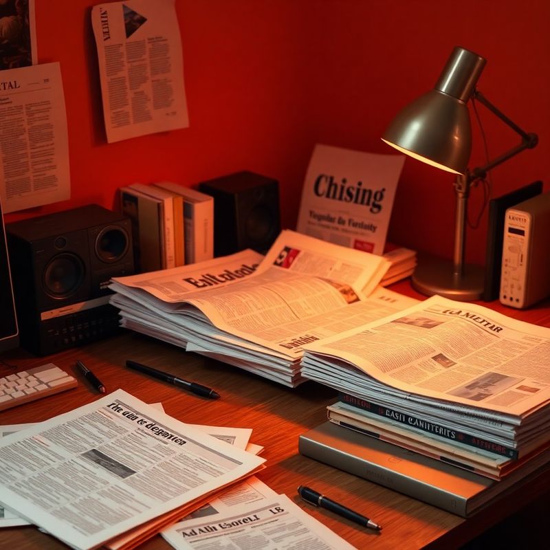 Birou editorial cu articole tipărite și date statistice în lumină caldă